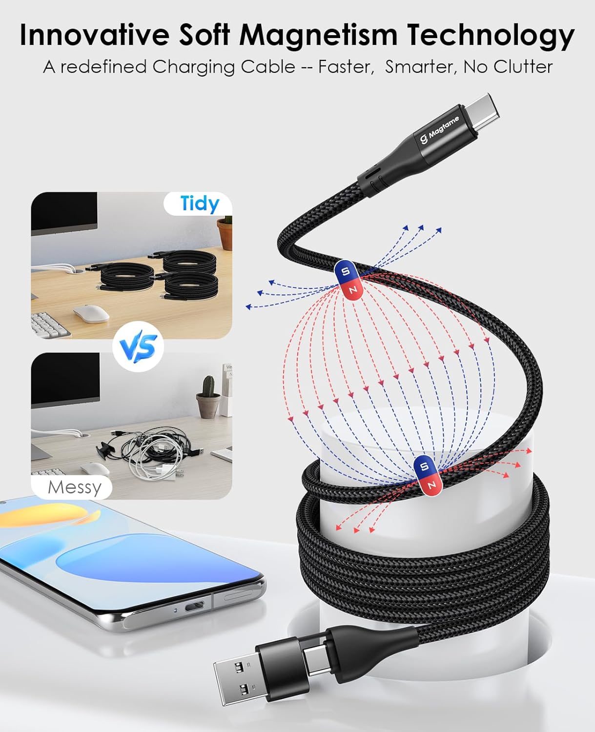 Thumbnail 2 de Magtame Magnetic USB A/C to Type C Cable (1m) – Coiled braided fast charging cord for USB‑C devices