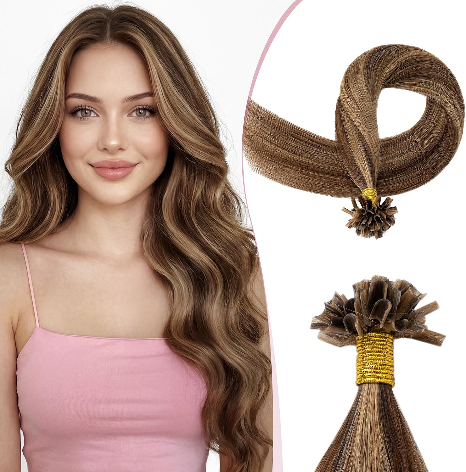 SEGO Extension Capelli Veri Cheratina 40 cm | 25 Ciocche Remy U-Tip 4/27 Marrone Medio mix Biondo Scuro
