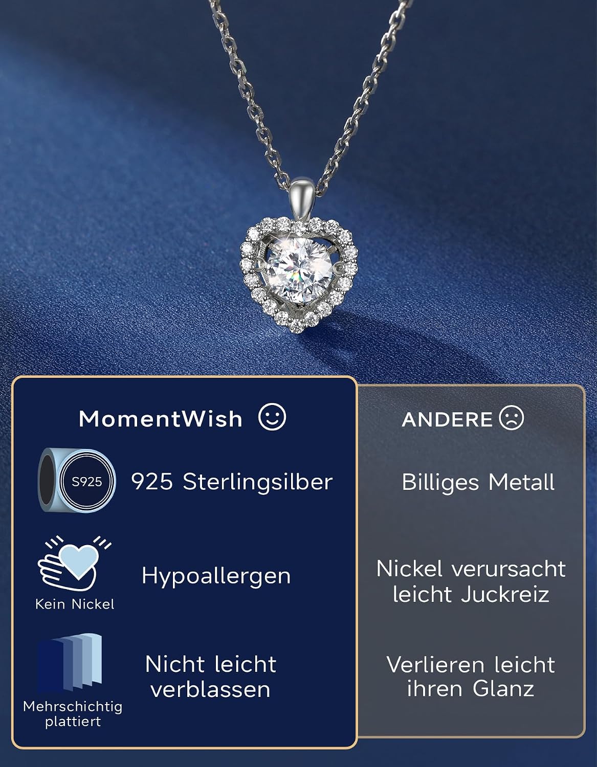Thumbnail 4 de MomentWish Halskette Damen mit 1 Karat Moissanit – 925 Silber Herzanhänger für Funkeln im Alltag