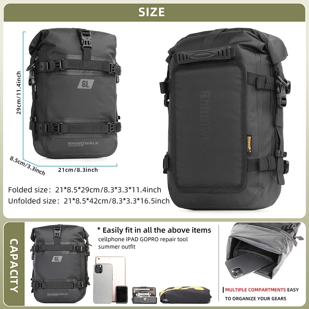 Detalle de Rhinowalk 6L Front Bumper Bag & Tail Bag for Motorcycles – Waterproof Modular Saddle Pannier (Black)