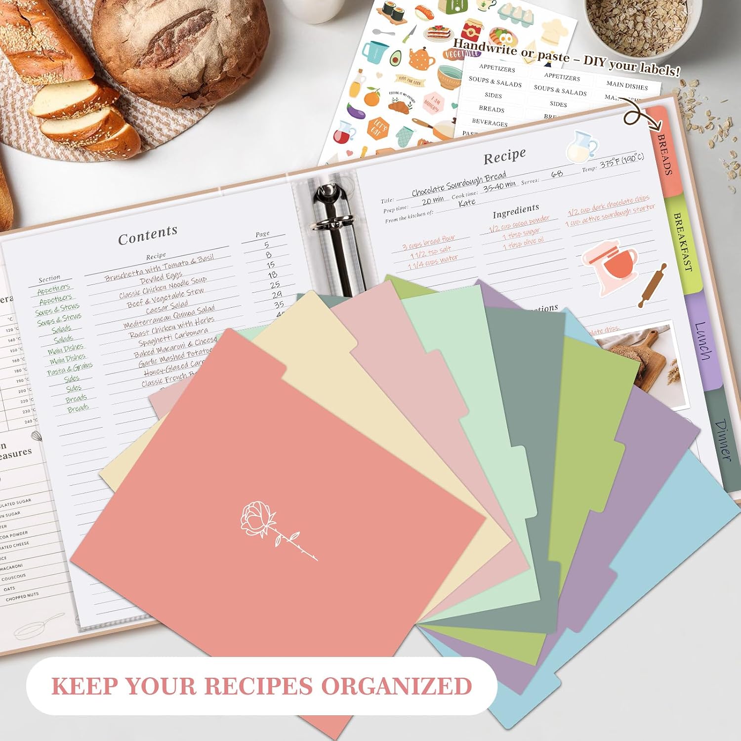 Detalle de Lanpn Recipe Binder 8.5x11 3 Ring Kit – Waterproof, Write-Your-Own Recipes with 60 Plastic Sleeves