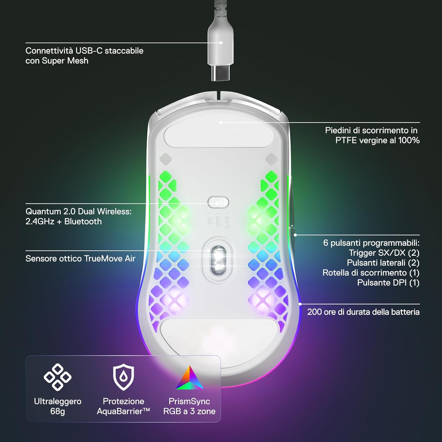 Thumbnail 2 de SteelSeries Aerox 3 Wireless “Snow” – Mouse gaming ultraleggero, RGB a 3 zone e TrueMove Air 18K DPI