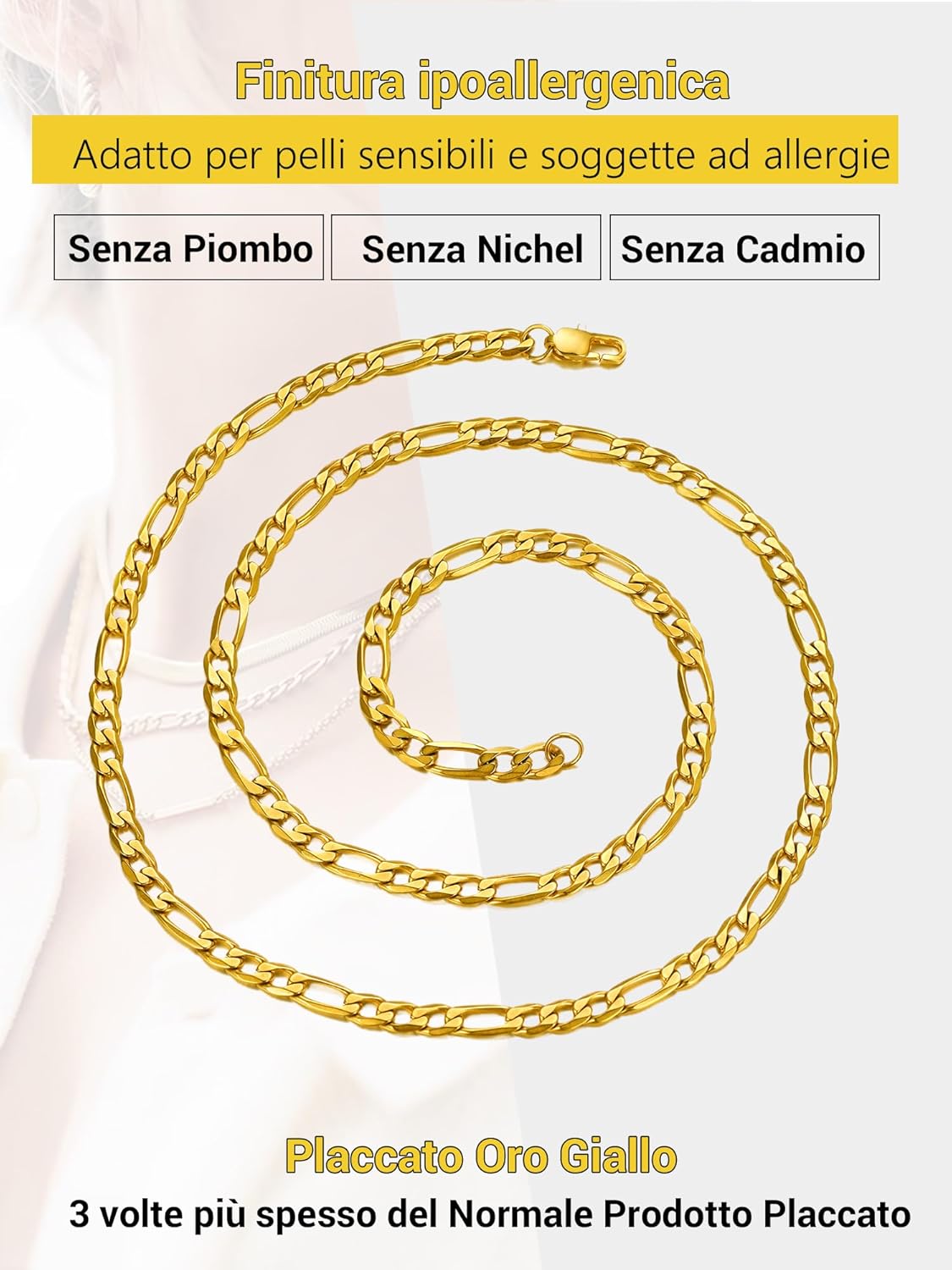 Thumbnail 3 de PROSTEEL Collana Catena Semplice da Uomo a Modello Maglia Figaro 3+1 – Acciaio Inossidabile/Placcato Oro 18K, due tonalità, 46/51/55 cm
