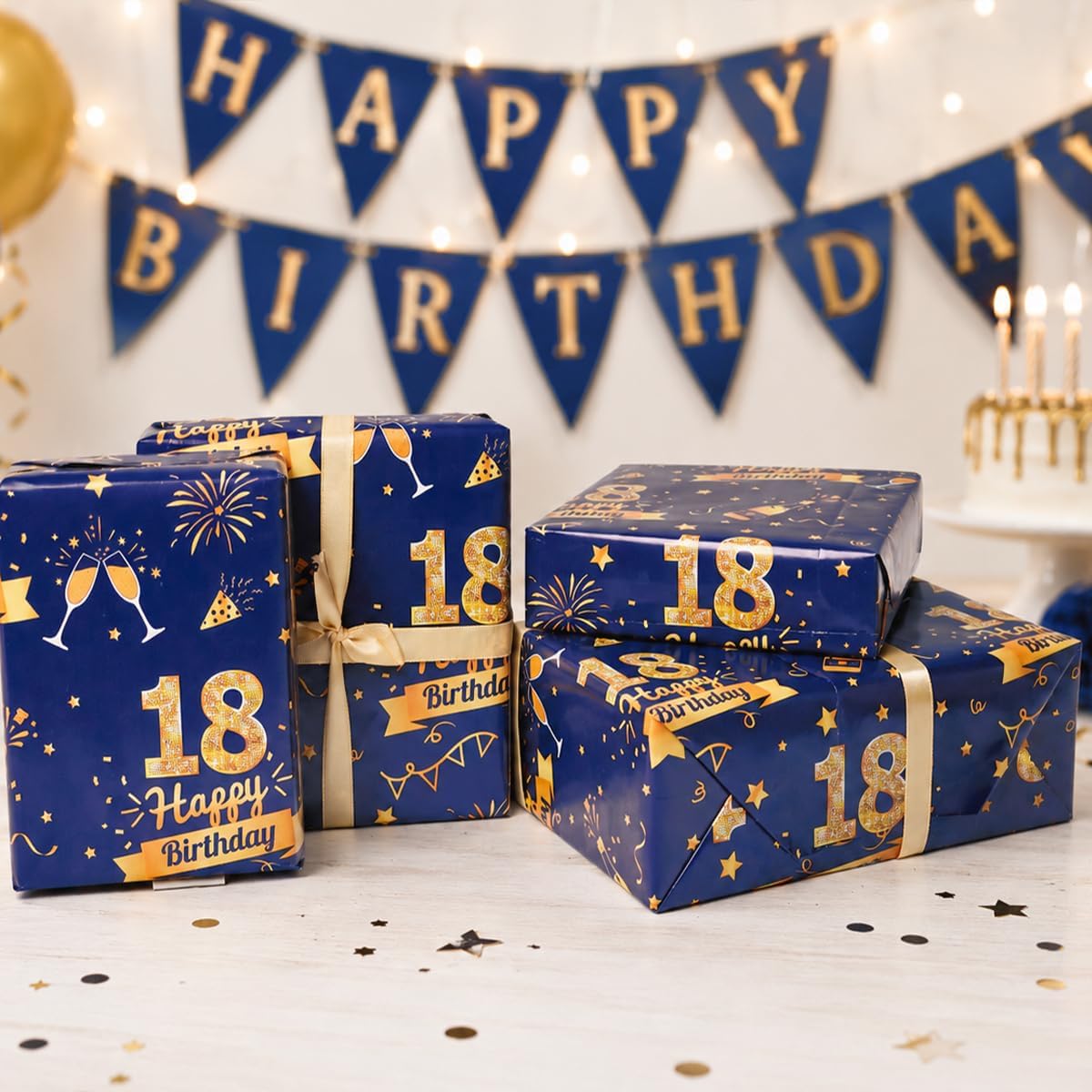 Detalle 2 de 18th Birthday Wrapping Paper Set with Tags, Ribbons and 6 Sheets – Blue & Gold