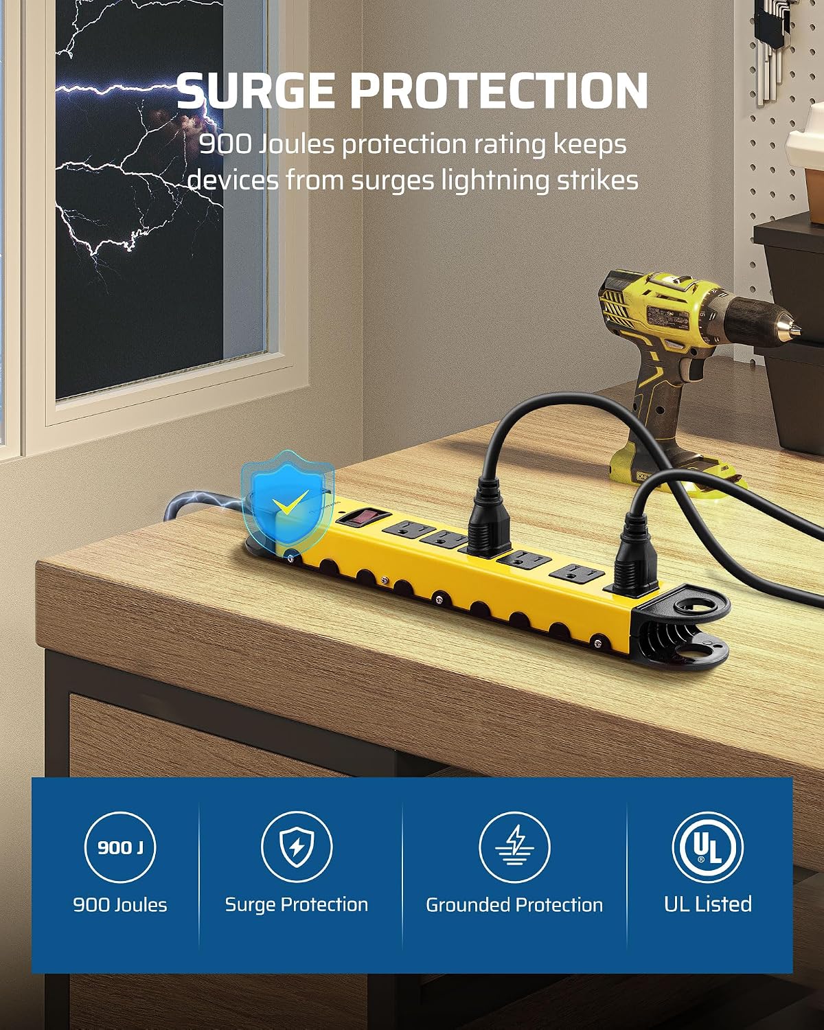 Detalle de DEWENWILS PS-678F-3 Metal Power Strip, 6 Outlets, 900-Joule Surge Protection