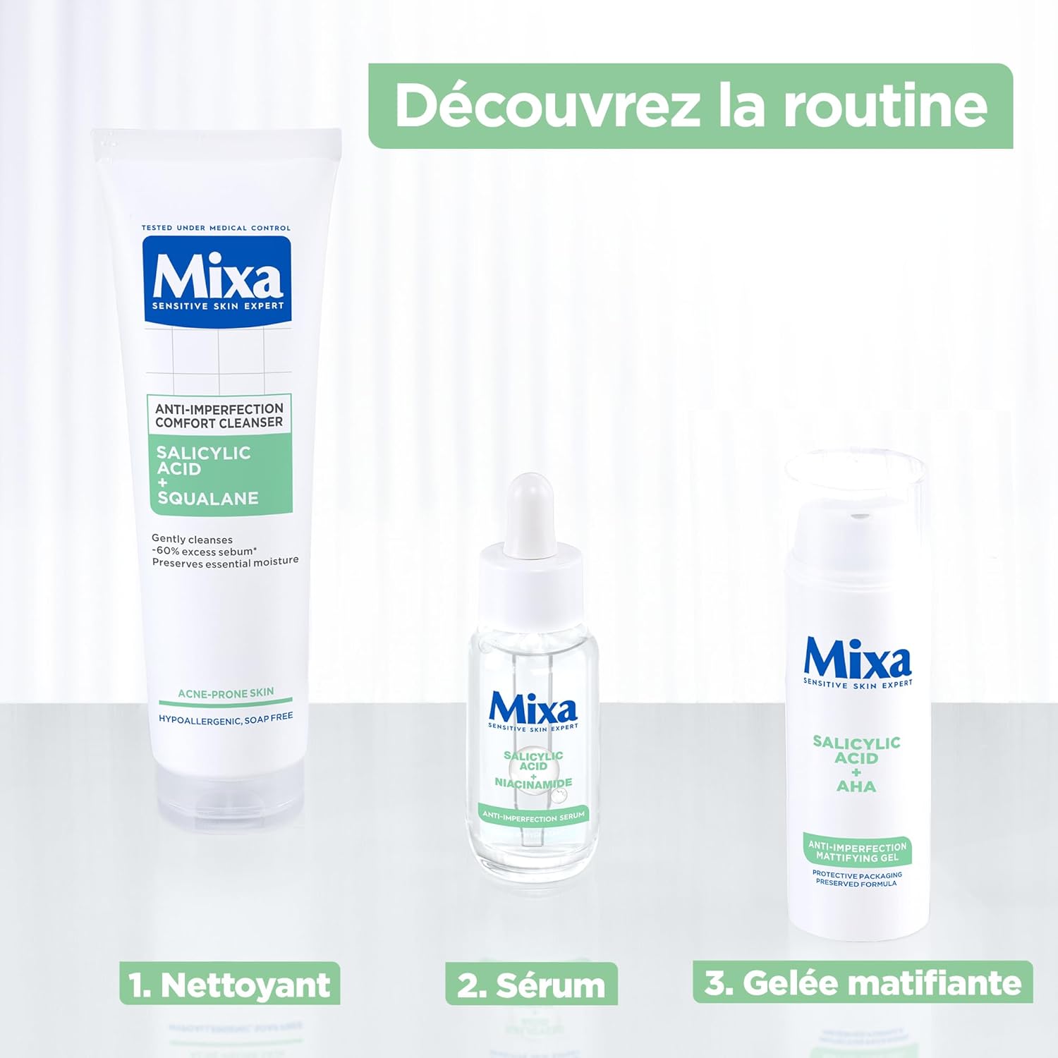 Detalle de Mixa Anti-Unreinheiten Duo aus Niacinamid-Serum und Cleanser – für zu Unreinheiten neigende Haut