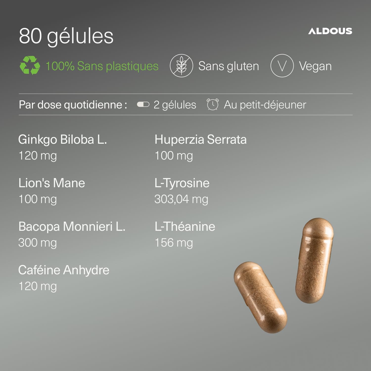 Detalle de Nootropique Naturel Aldous – 80 Gélules: Brain Booster pour Mémoire, Concentration et Énergie