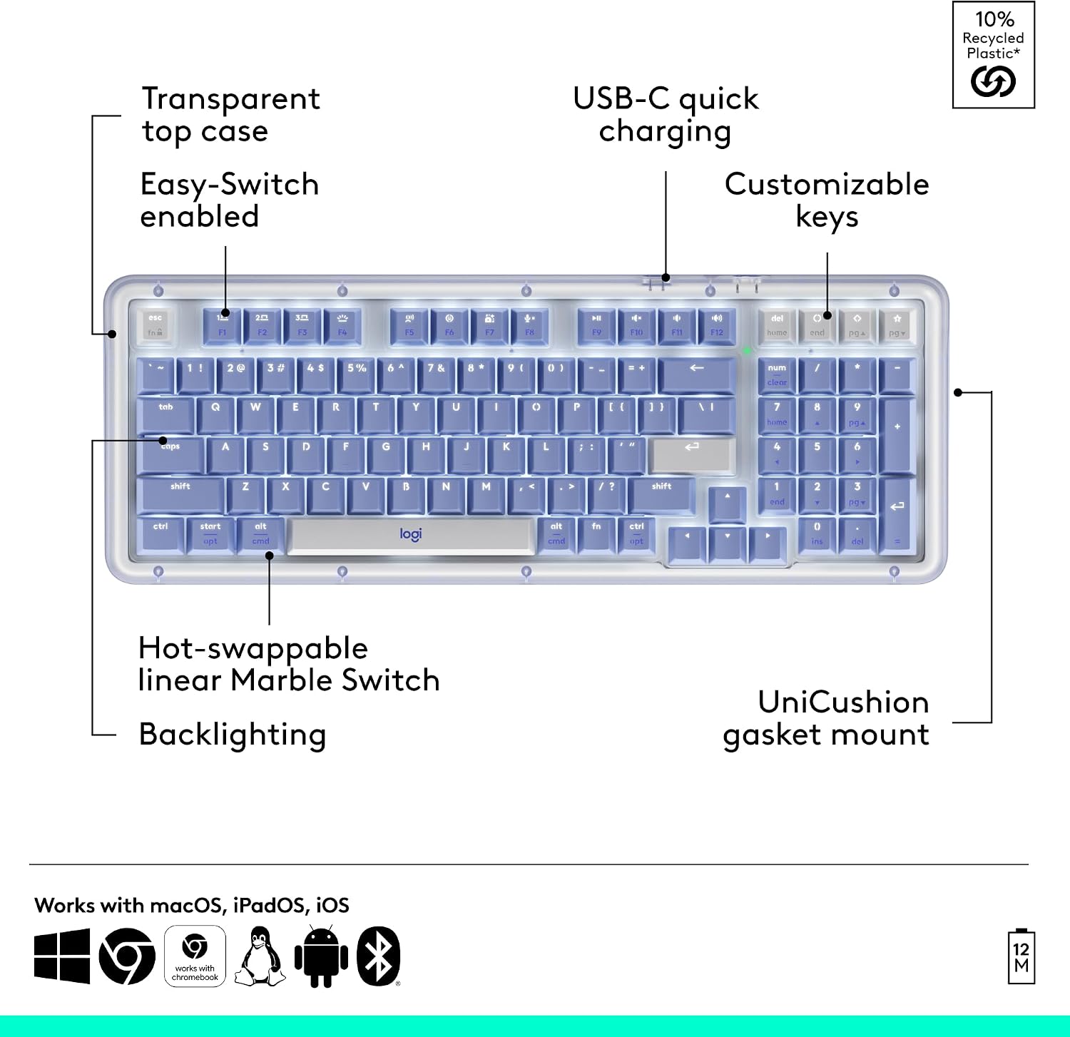 Thumbnail 6 de Logitech Alto Keys K98M Wireless Mechanical Keyboard, Lilac, 98-Key Layout
