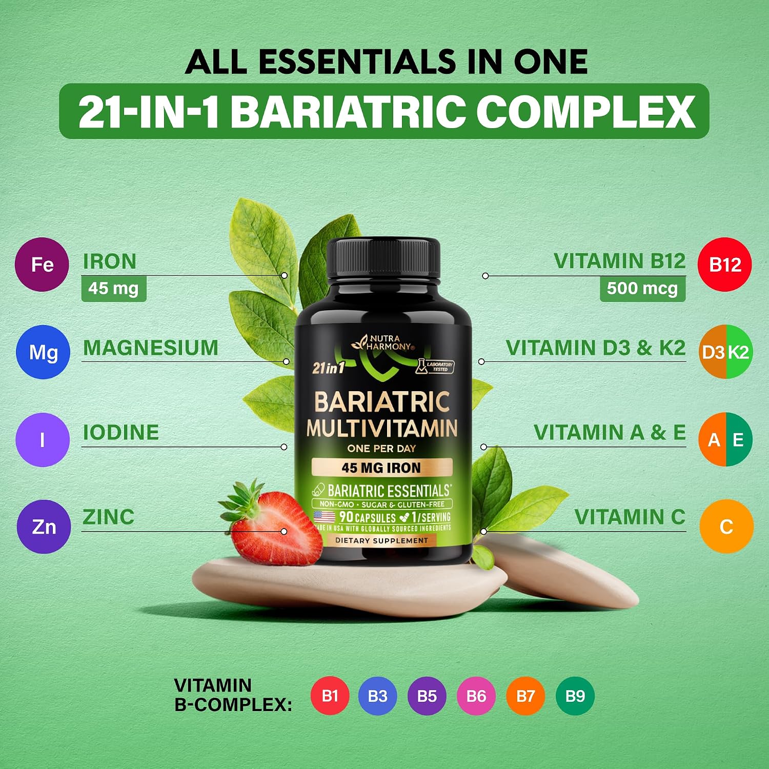 Detalle de NUTRAHARMONY NH-BV02 Bariatric Multivitamin, 45 mg Iron, 21-in-1, 90 Capsules