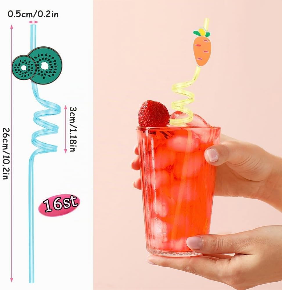 Detalle 2 de AUAUY M1-4118594 återanvändbara plastsugrör med fruktmotiv, 16-pack