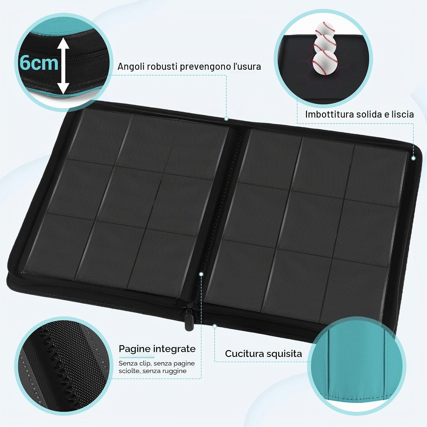 Detalle de WITHYU 9 Album Collezionista per Carte – Capacità 540, Impermeabile e Anti-Graffio, Inserimento Laterale, Acquamarina