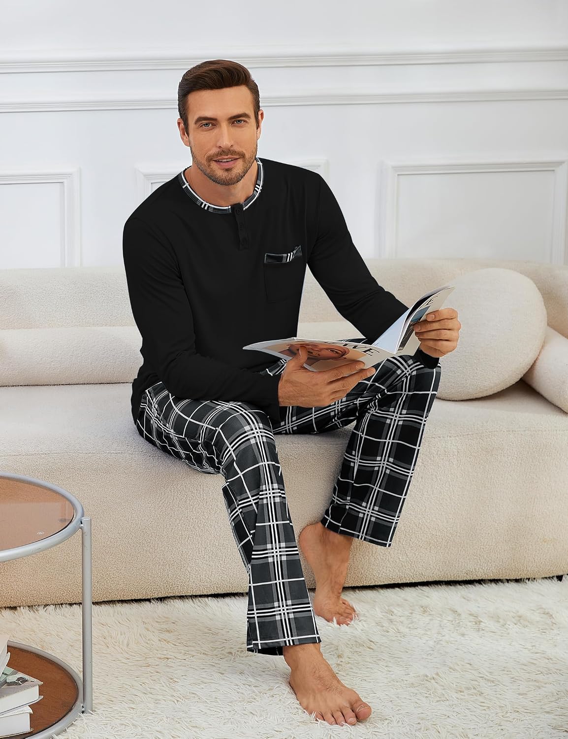 Detalle de Atforna Schlafanzug Herren Lang Karierten Pyjama Set – Zweiteiliges Baumwoll-Set für Herbst und Winter