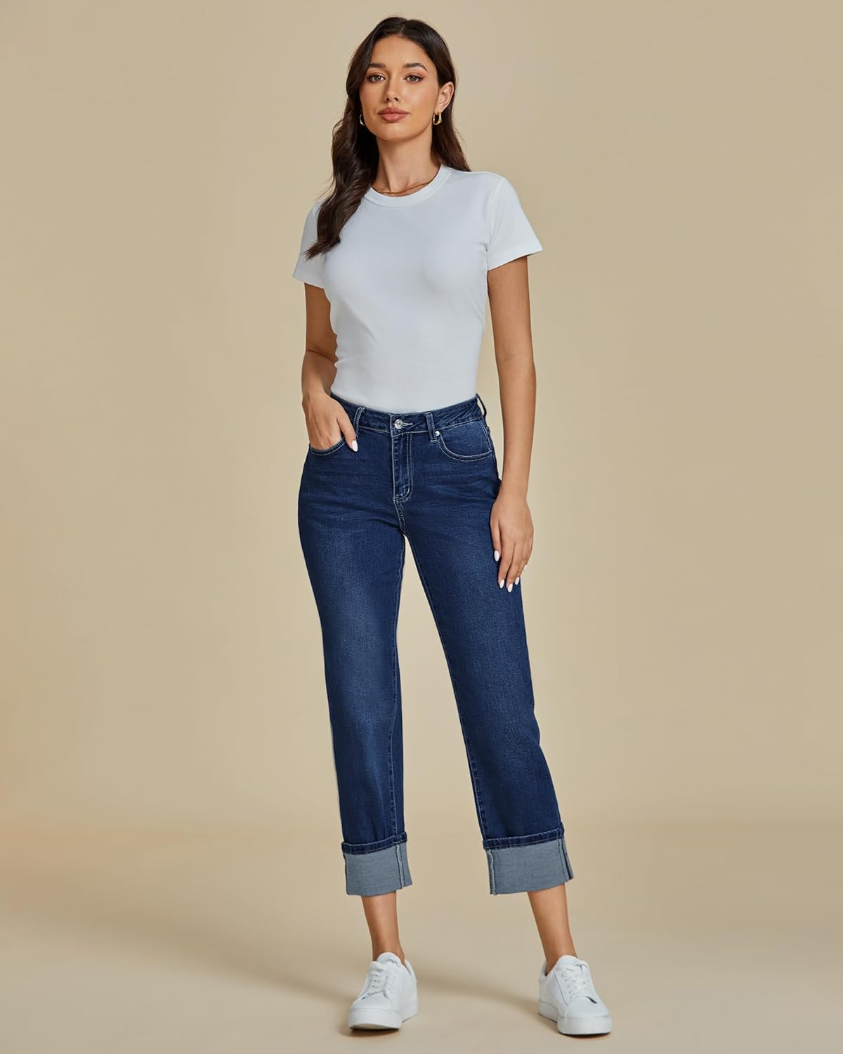 Thumbnail 5 de luvamia Straight Leg Jeans for Women – Cropped High-Waisted with Cuffed Hem and Stretchy Comfort