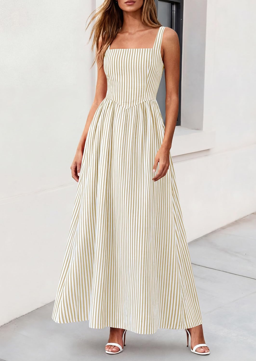 Detalle 2 de PRETTYGARDEN Women's Maxi Dress - Summer Striped Sundress, Sleeveless Square Neck, Smocked Back, Pockets