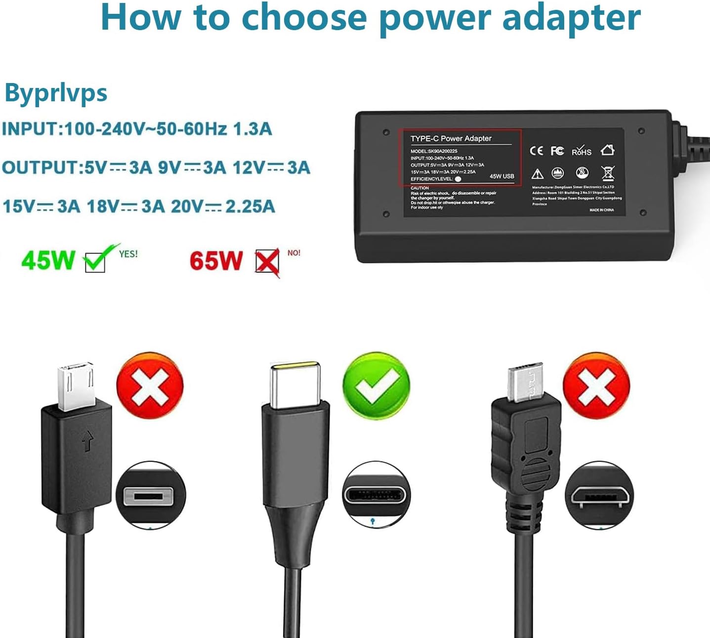 Detalle de Byprlvps Universal 45W Chromebook Charger USB C – UK Compatibility, 5V–20V Fast Charge