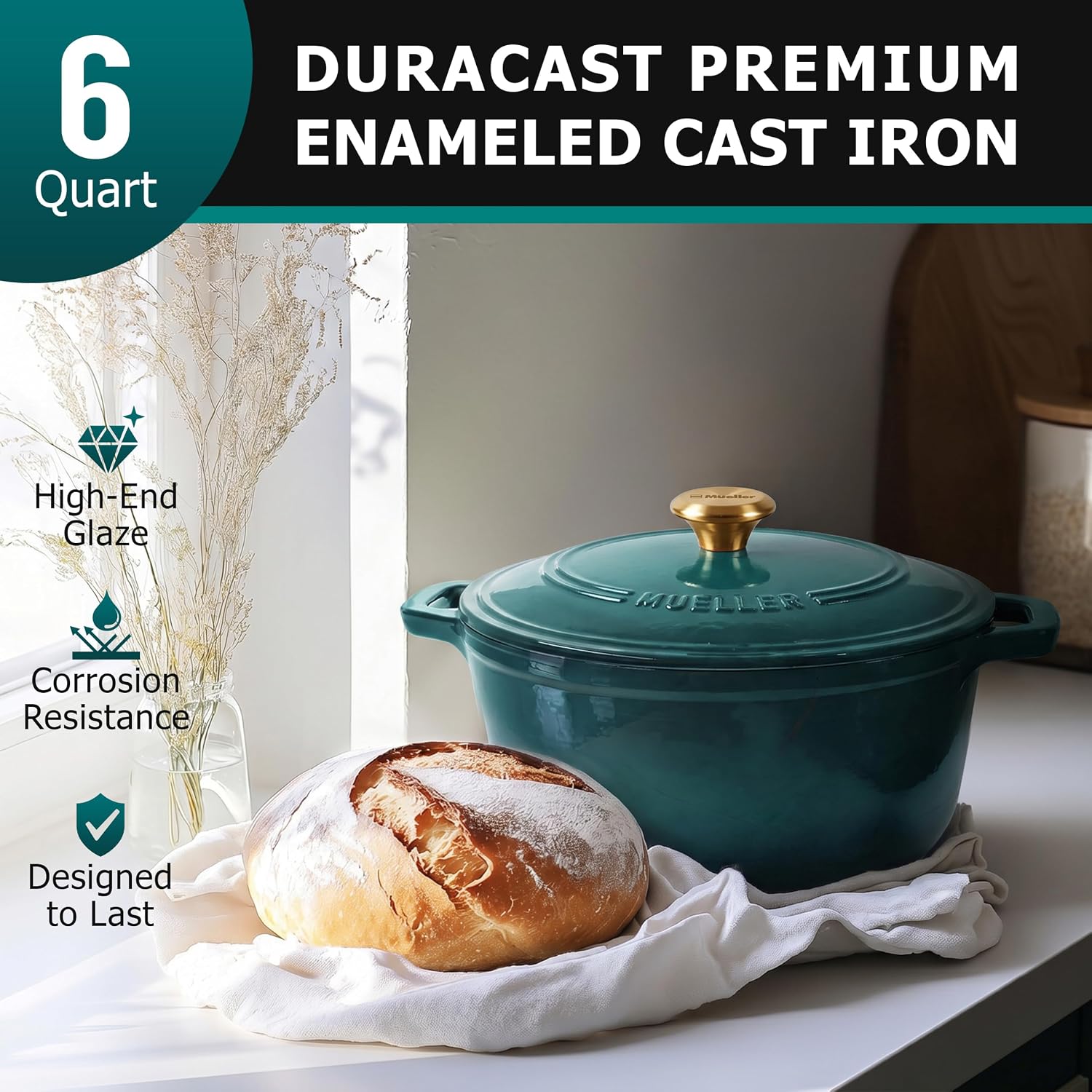 Detalle de Mueller DuraCast 6 Quart Enameled Cast Iron Dutch Oven with Lid (Emerald) — 500°F Oven Safe, PFOA-Free
