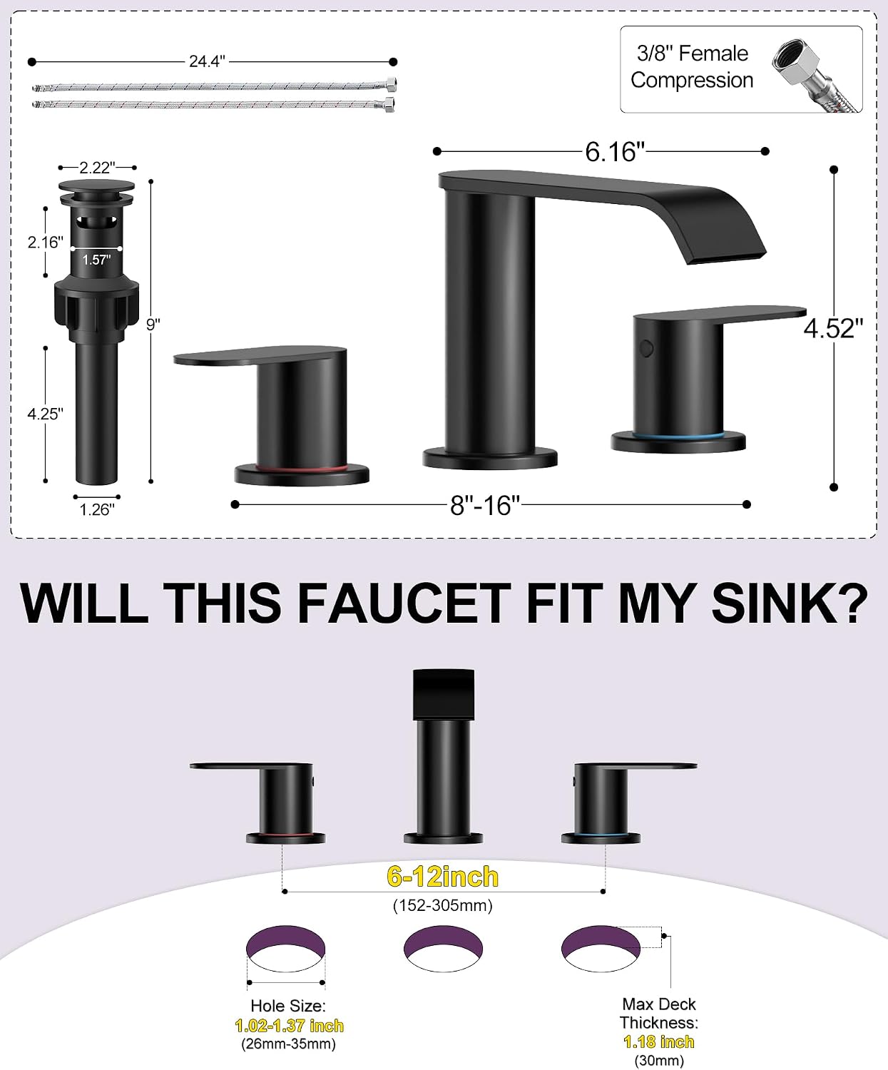 Detalle 1 de Homevacious Matte Black Waterfall Bathroom Faucet, 3-Hole 8-Inch Widespread