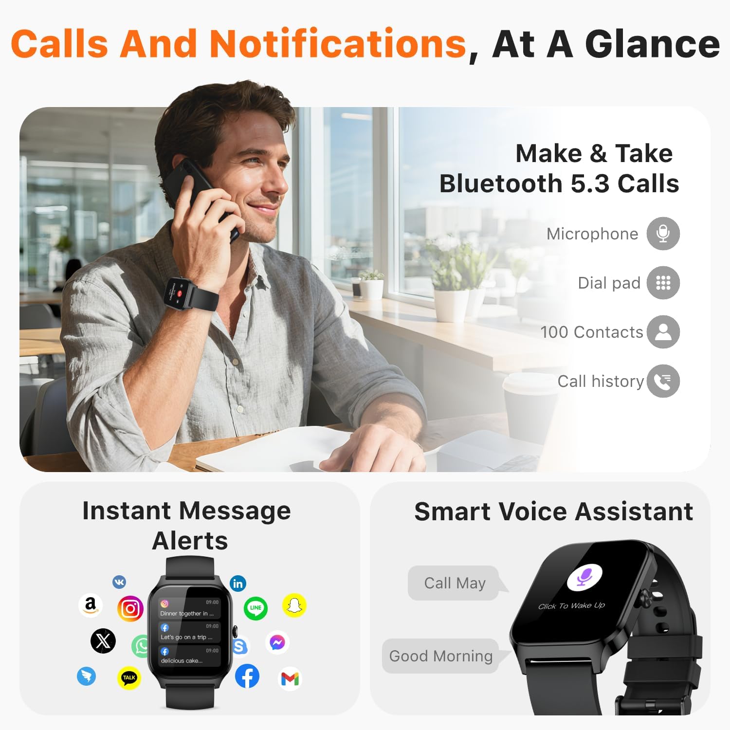 Detalle 2 de Kriutefy Smart Watch (Women & Men) with Bluetooth calling, 1.83" HD display, fitness & sleep tracking – Midnight Black