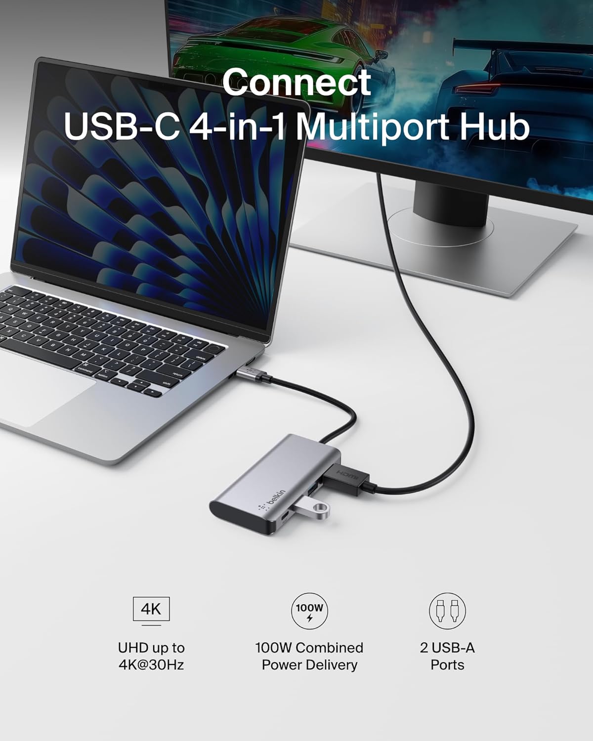 Detalle 2 de Belkin Hub USB-C 4 en 1 noir : adaptateur multiport avec HDMI 4K et USB-A 3.0