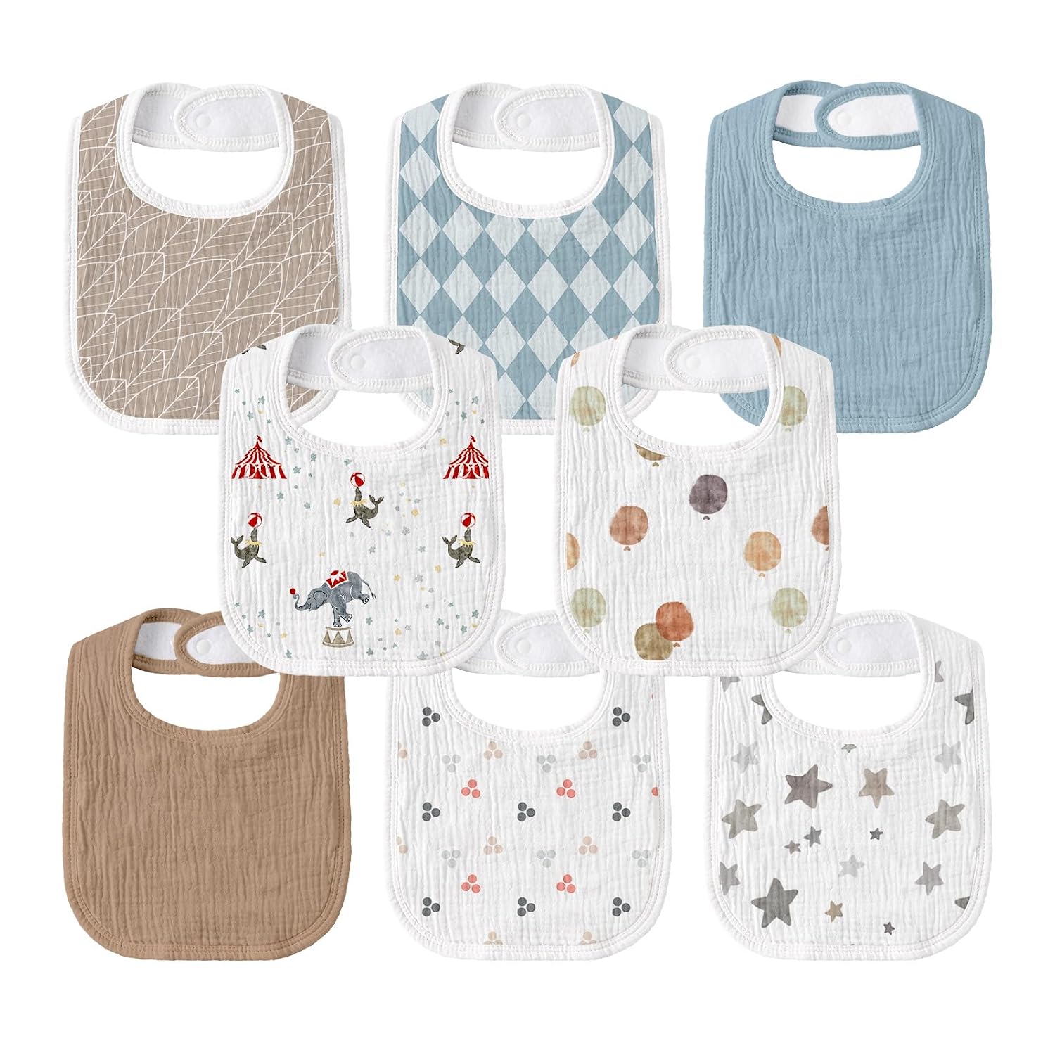 Detalle de Gllquen Baby Muslin Bibs, 8-Pack with Adjustable Snaps and Cotton-Fleece Layers