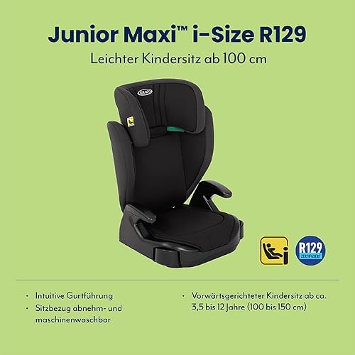 Detalle de Graco Junior Maxi i-Size R129 Kindersitz – ca. 3,5–12 Jahre, 100–150 cm, Gewicht ca. 3,4 kg, Midnight Schwarz