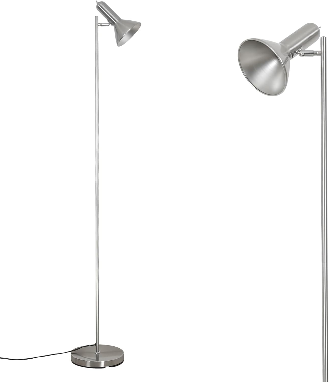 Detalle de Amdelne vloerlamp met verstelbare lichtkop, E27-fitting en metalen nikkelkleur