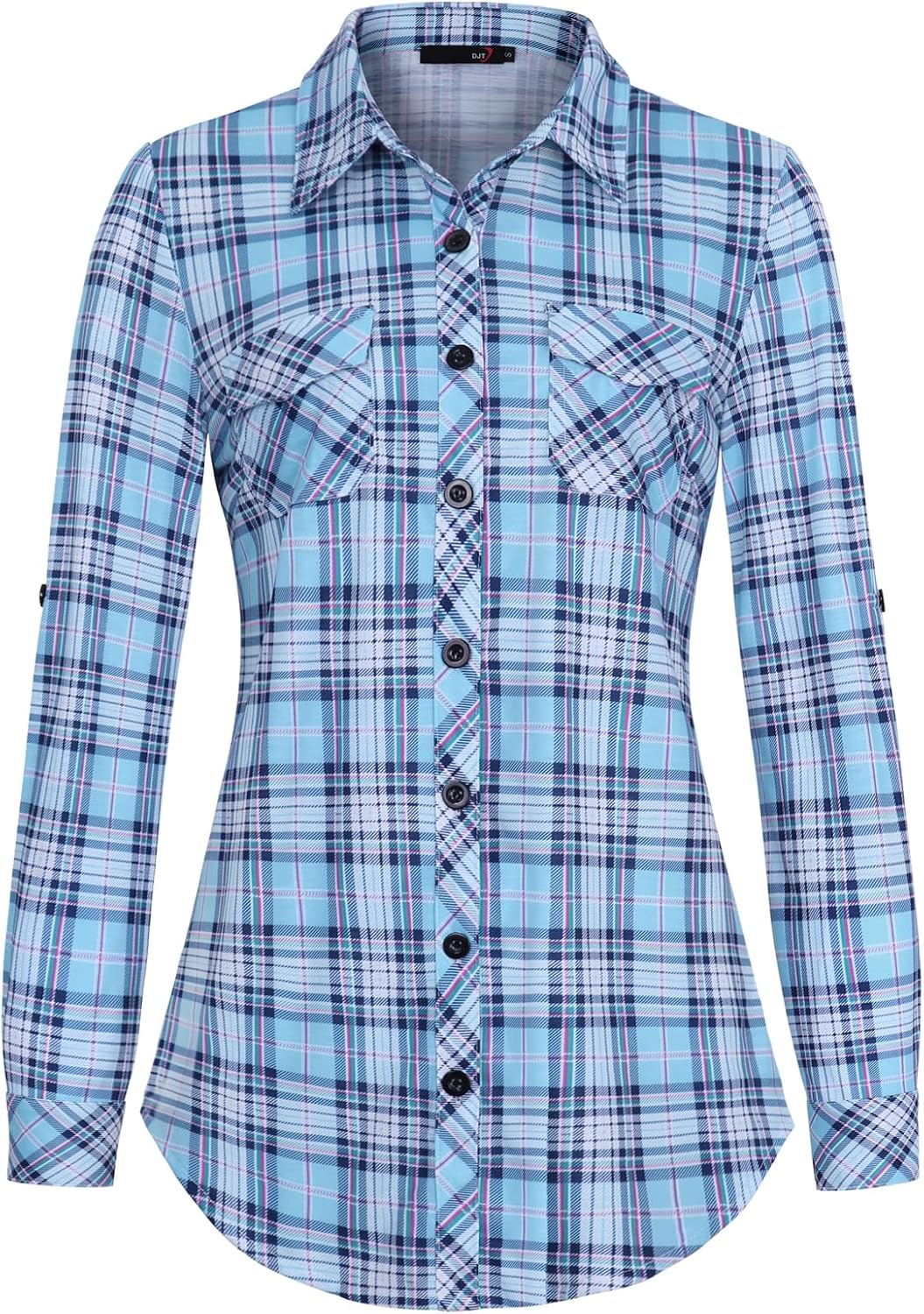 Detalle 2 de DJT Damen Bluse mit kariertem Strick, Button-Down-Kragen und Roll-Up-Ärmeln (Langarm)