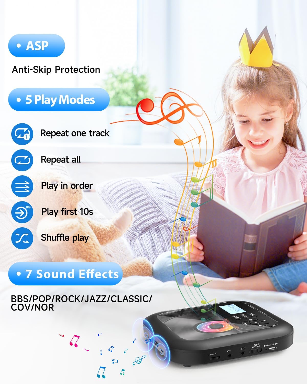 Detalle de ARAFUNA Portable CD Player with Bluetooth, Built-in Battery and Multiple Connectivity