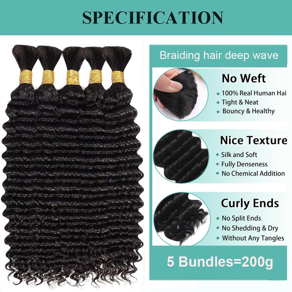 Detalle de Human Braiding Hair for Boho Braids 200g 22 Inch Curly Water Wave Bulk, 5 Bundles/Pack