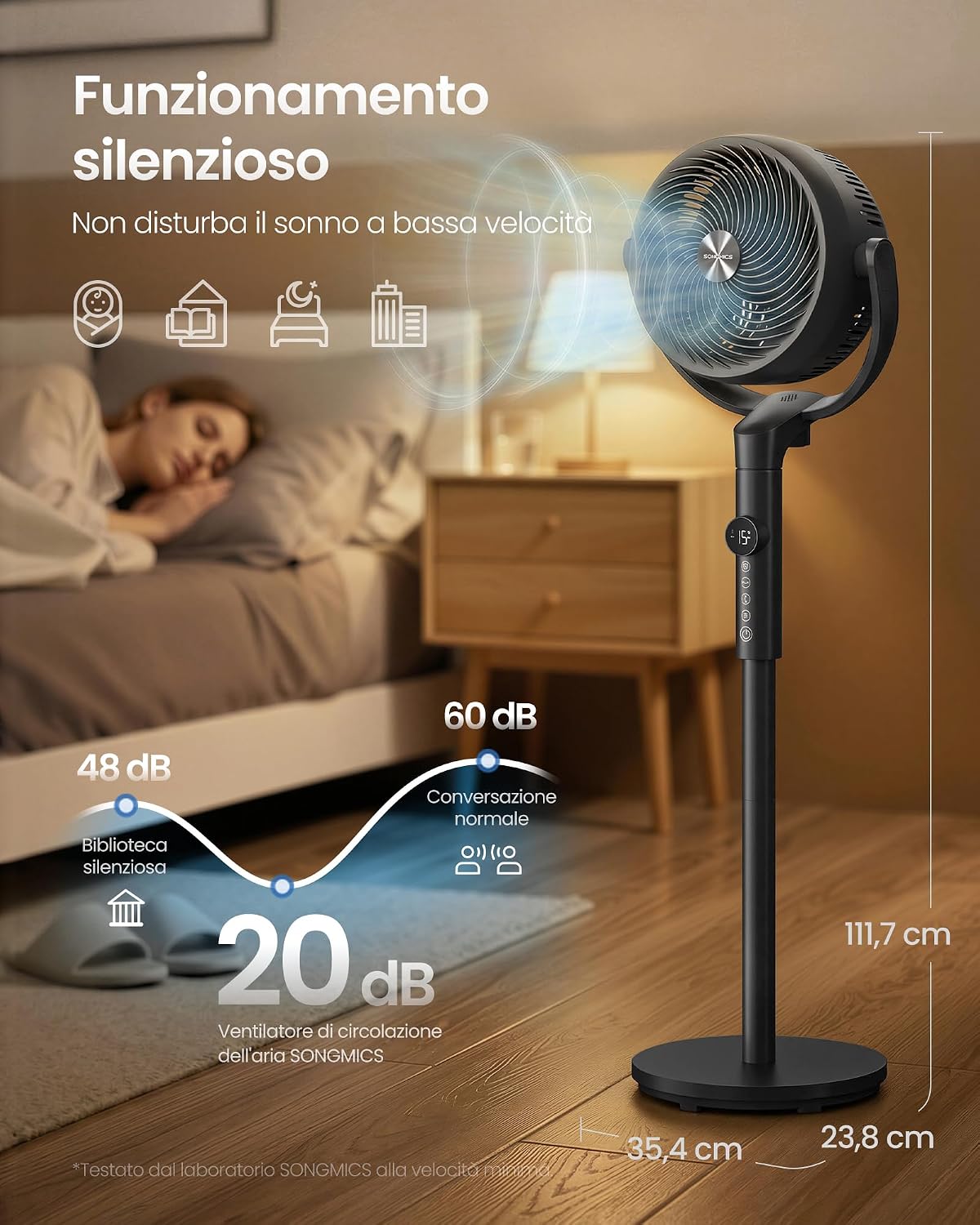 Detalle 2 de SONGMICS Ventilatore a Piantana XFC002W1EU: silenzioso, versatile e regolabile per ogni stanza