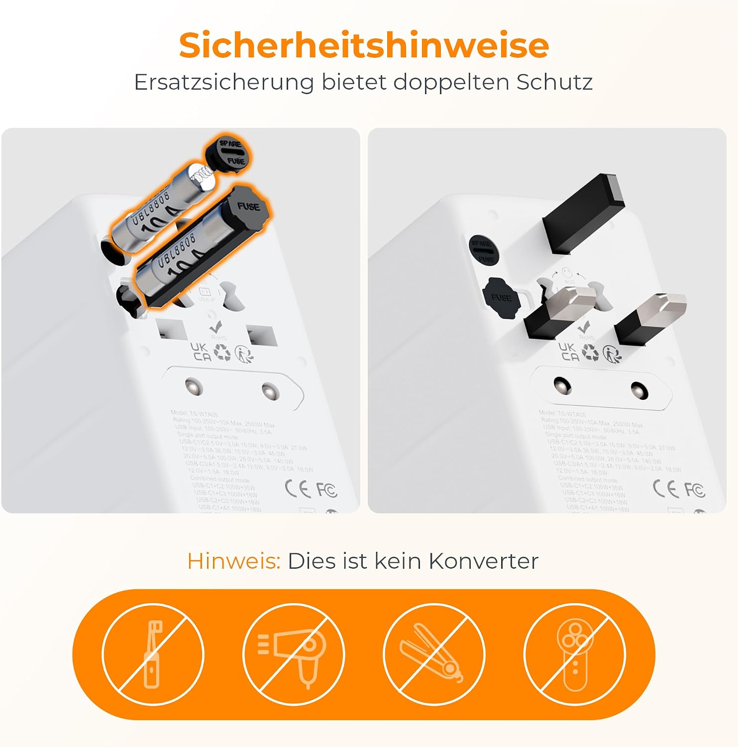 Detalle de TESSAN 140W GaN Reiseadapter weltweit – 3× USB‑C (140W) + 1× USB‑A (18W) und Universalsteckdose