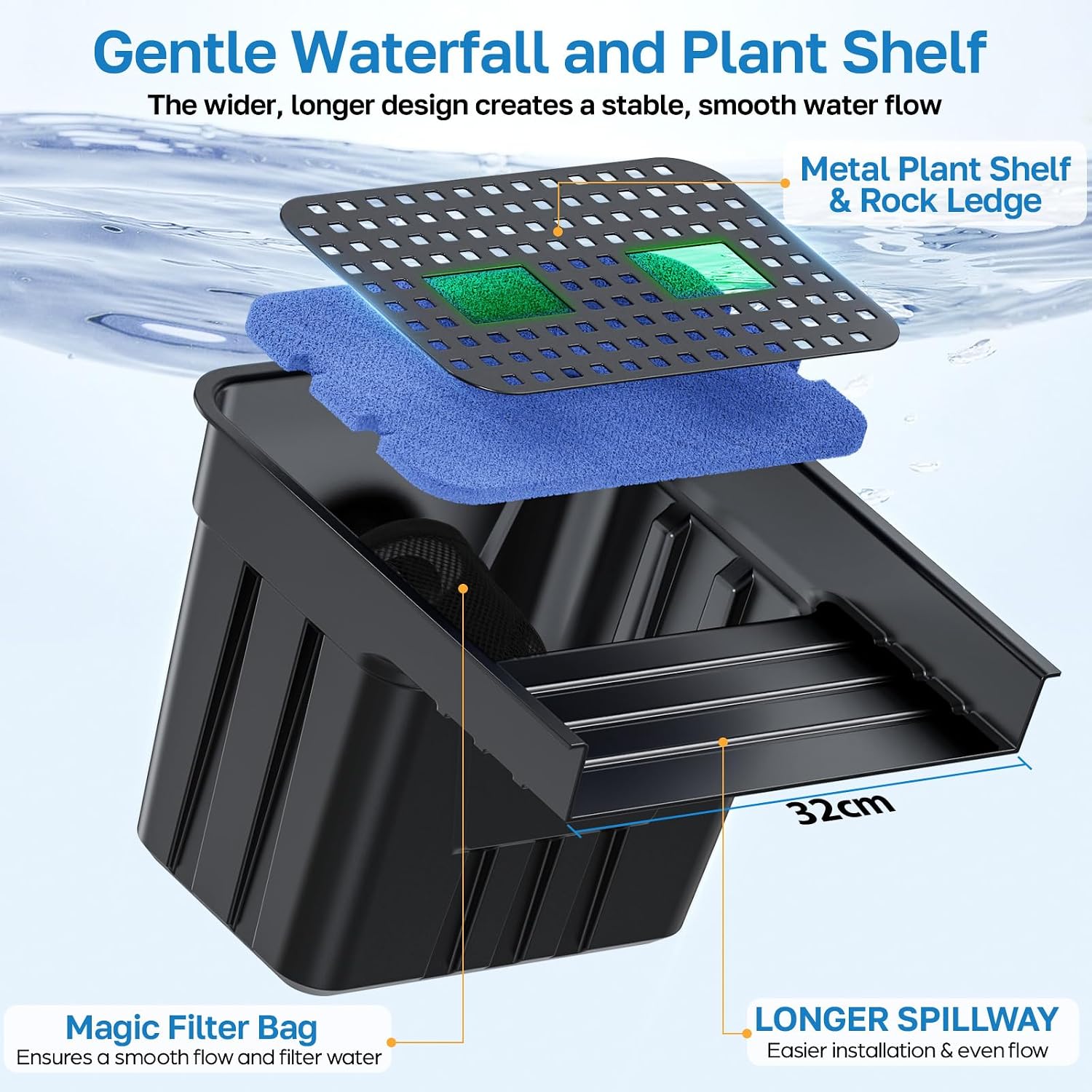 Detalle de POPOSOAP Pond Waterfall Kit with 4500 L/H Pump, 3m Corrugated Tubing and Filter Media