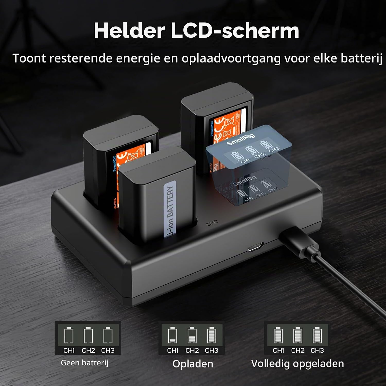 Detalle 1 de SMALLRIG 6019 NP-FW50-batterijset met drie accu's en lcd-lader