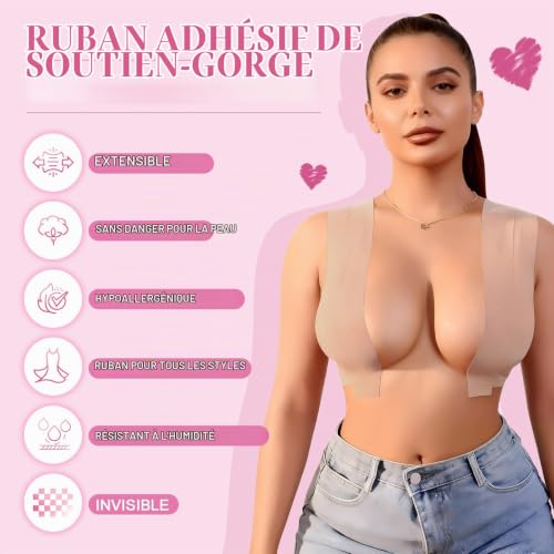 Detalle 2 de Kit Boob Tape Remonte Sein Adhésif Forte – Tripetals, bande poitrine hypoallergénique avec protège-tétons et ruban invisible (A-G)