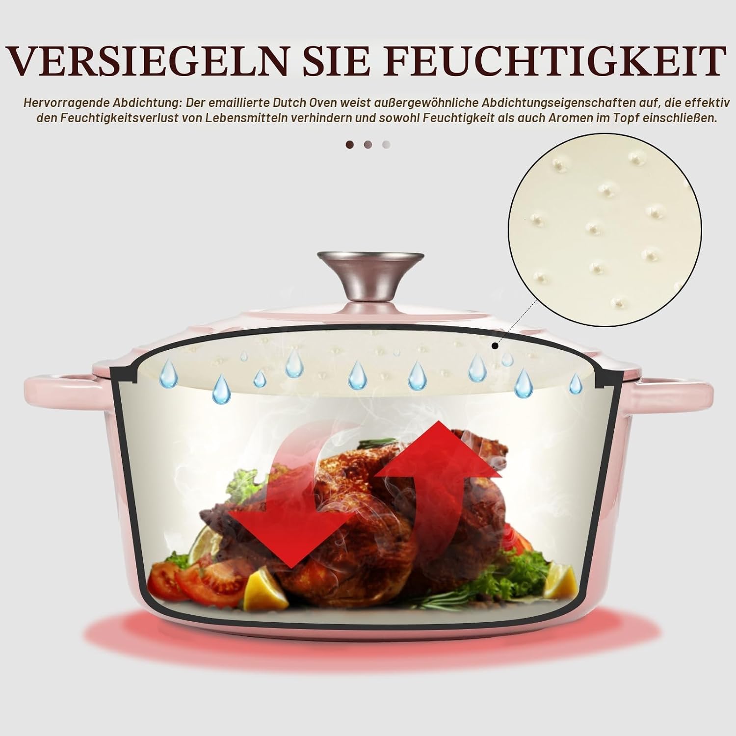 Detalle 2 de Overmont Bräter emaillierte Gusseisen Topf Ø 24 cm mit Deckel – Schmortopf, backofengeeignet