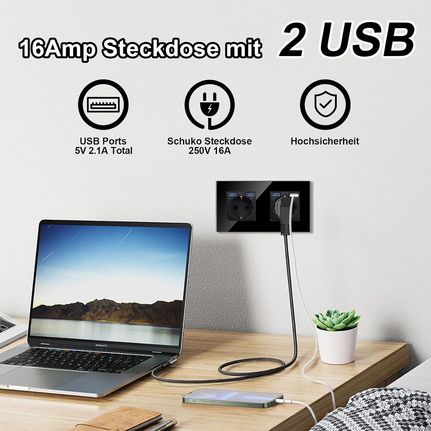 Detalle de Glas Doppelsteckdose mit USB bis 2,1 A