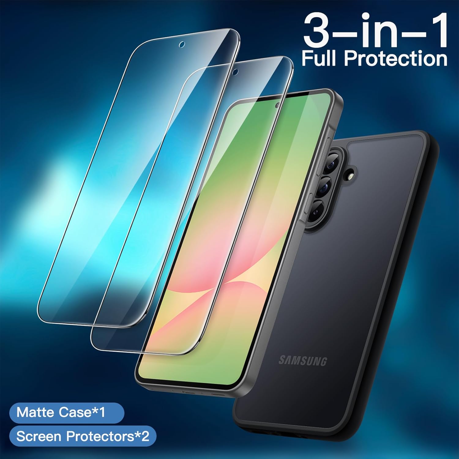 Detalle de JETech 3 in 1 Cover Opaca per Samsung Galaxy A56 5G + 2 Pellicole in Vetro Temperato – Nero