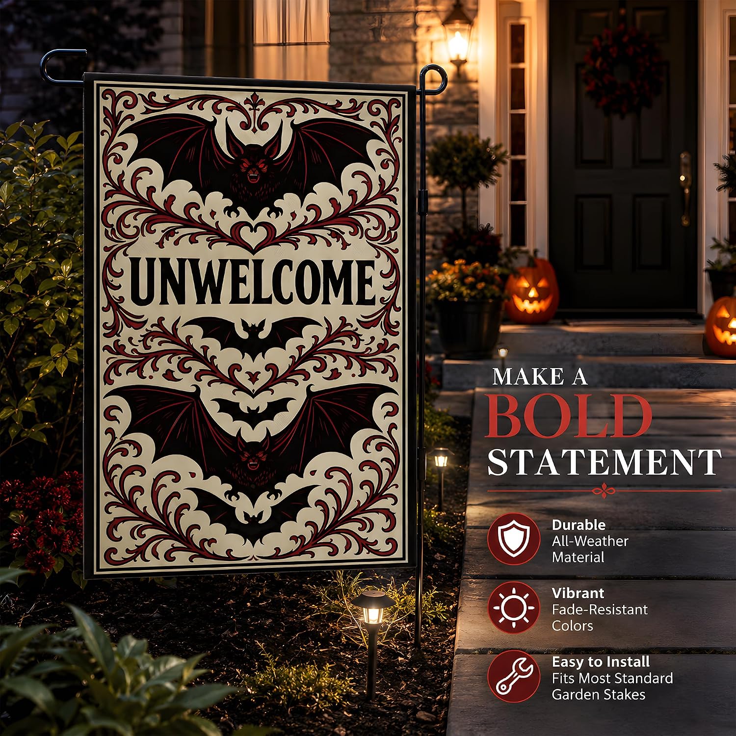 Detalle de MDDRUIQI Unwelcome Gothic Bat Halloween Garden Flag, Double-Sided Polyester