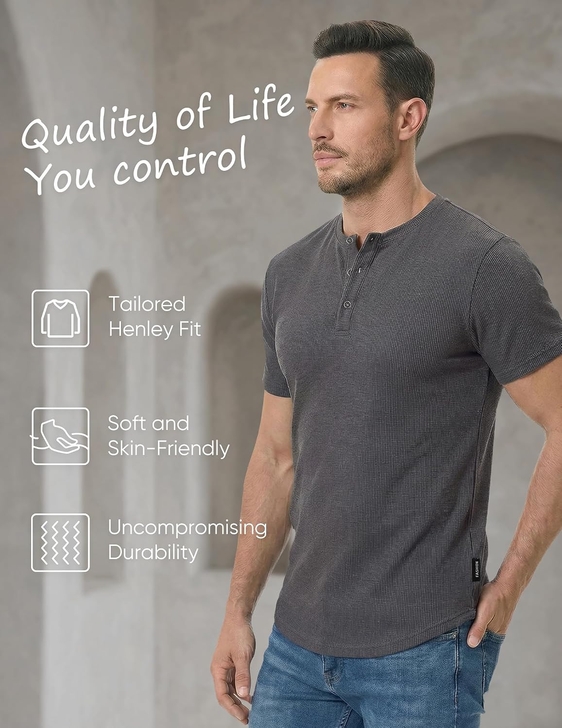 Detalle 2 de JMIERR Men’s Muscle Slim Henley T-Shirt (Crewneck Longline) with Button Placket