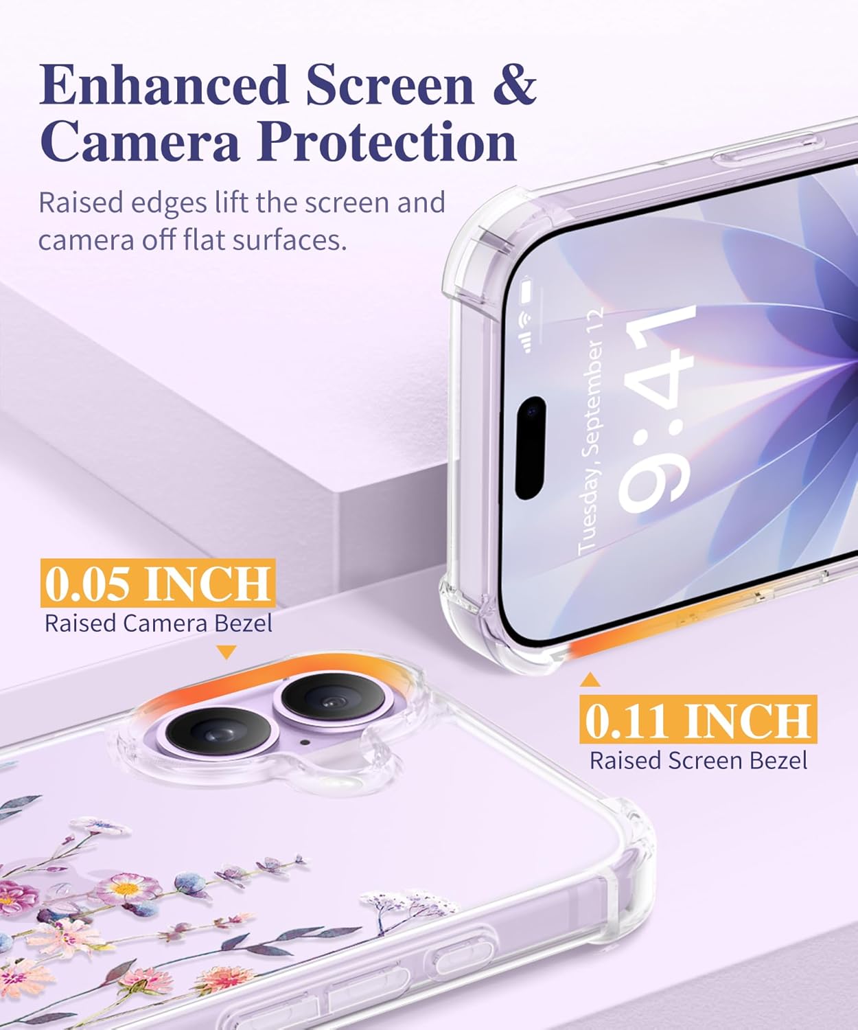 Thumbnail 5 de GVIEWIN iPhone 17 Case (6.3) with Screen Protector + Camera Lens Protector, Clear Floral Slim Shockproof Hard PC Back