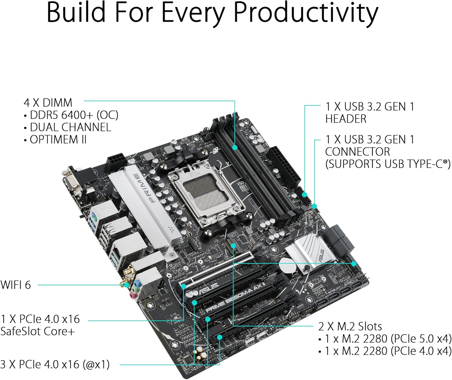 Detalle de ASUS Prime B650M-A AX II motherboard with DDR5 2.5Gb LAN 🖥