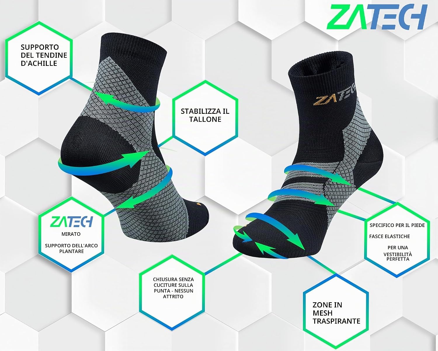 Detalle de ZaTech Calze a Compressione per Fascite Plantare: supporto elastico per caviglia e arco, tutore sportivo elastico