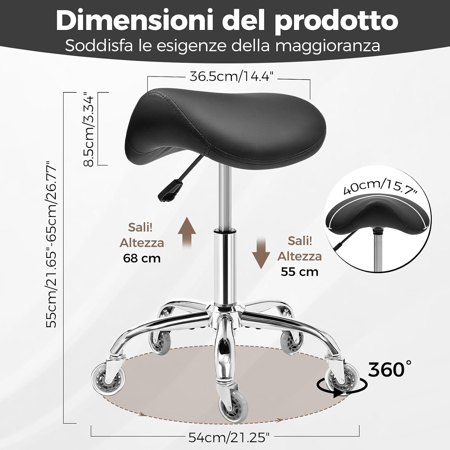 Thumbnail 1 de BEWISHOME Sgabello a Sella Ergonomico con Ruote – Regolazione idraulica 55–68 cm, seduta ampia in PU e capacità 200 kg