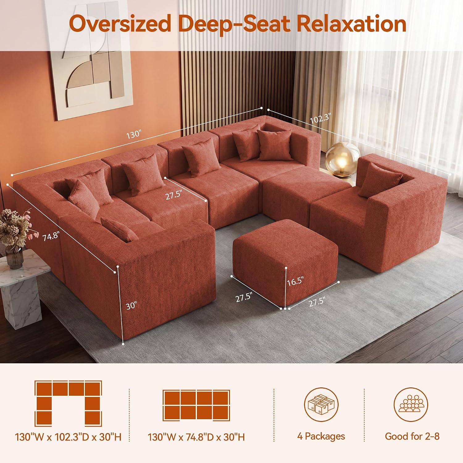 Detalle de MONVANE Modular Sectional Sofa, 8-Seat U-Shaped Chenille Couch, Rust Red