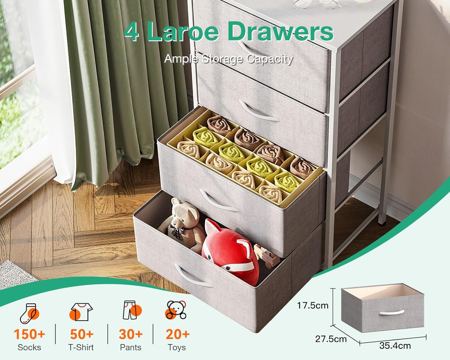 Thumbnail 3 de Coleshome tall chest of drawers (4 fabric drawers) with wooden top, small & narrow unit, light grey, 40 x 30 x 80 cm