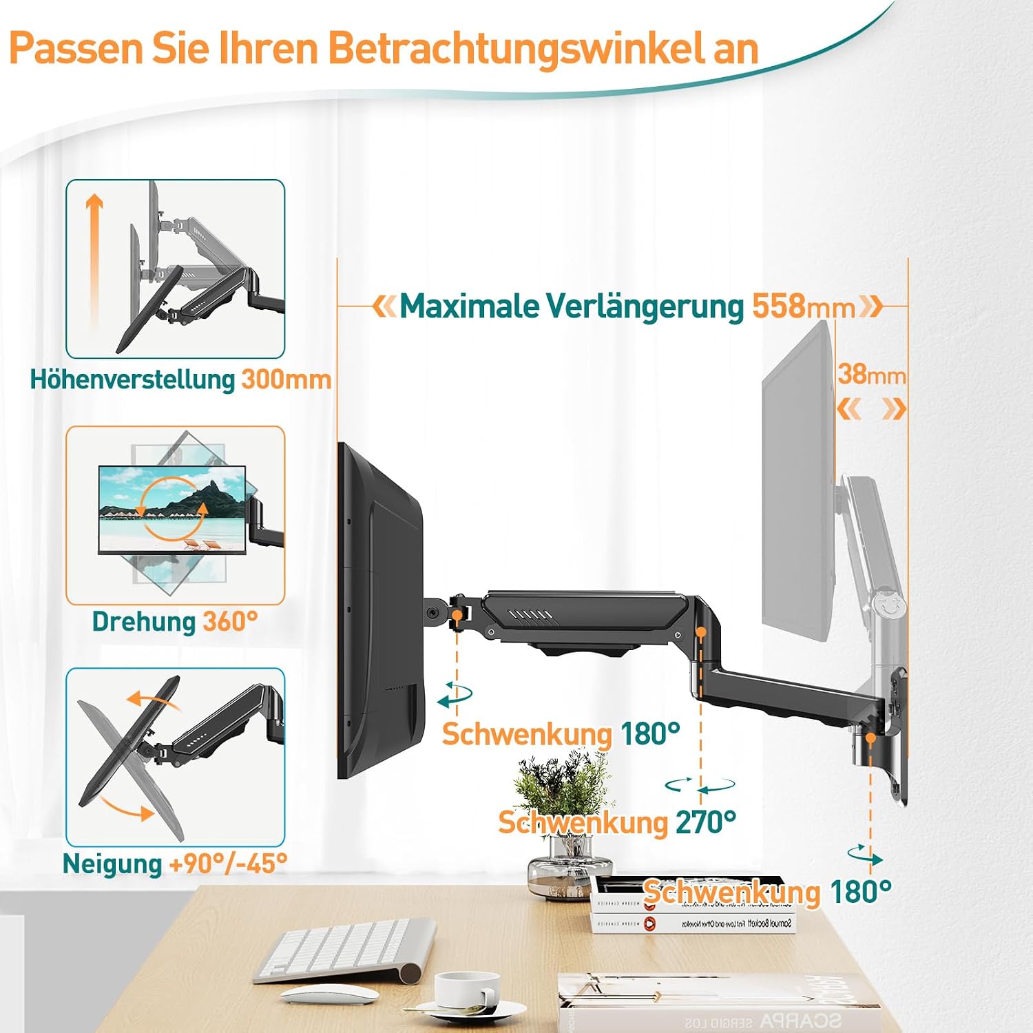 Thumbnail 3 de ELIVED Monitor-Wandhalterung EV023A für 13–32" bis 9 kg (VESA 75/100) mit 180° Schwenk-, 360° Dreh- und Höhenverstellung