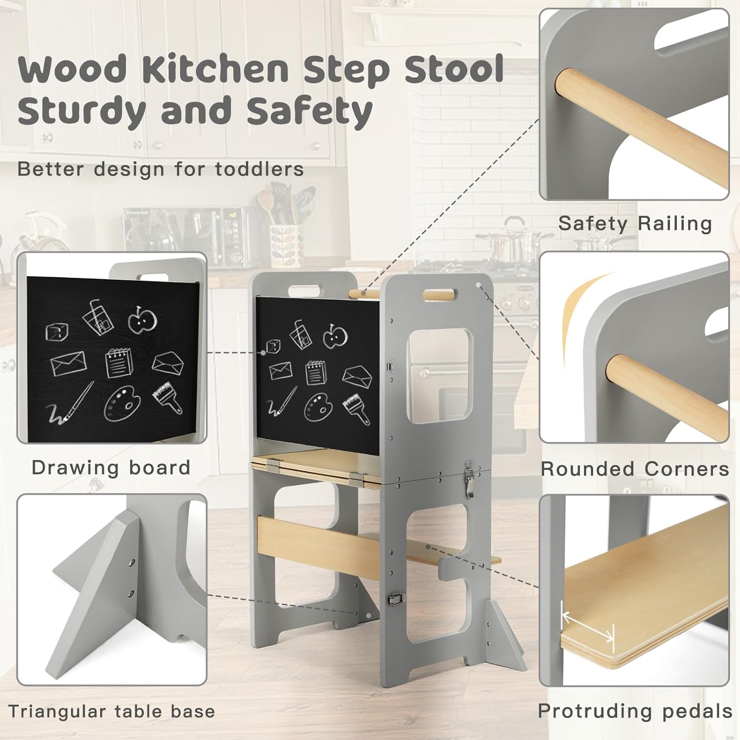 Thumbnail 3 de labebe Torre Montessori pieghevole 3 in 1 con lavagna, learning tower per bambini a partire da 1 anno (Grau)