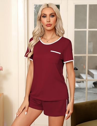 Detalle de Ekouaer Women's Two-Piece Pajama Set with Chest Pocket and Drawstring Shorts