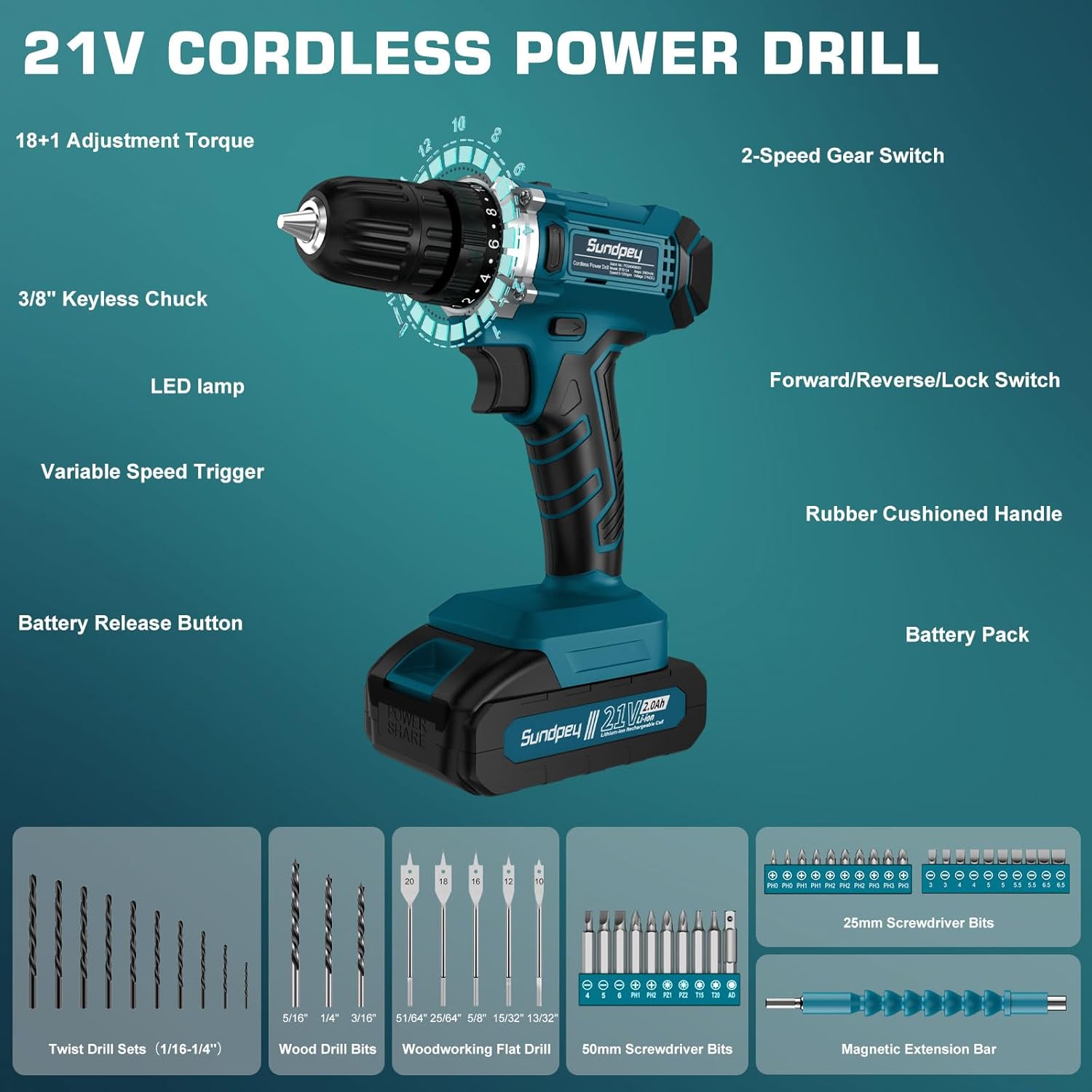Thumbnail 3 de Sundpey 21V Cordless Drill Kit 255-PC