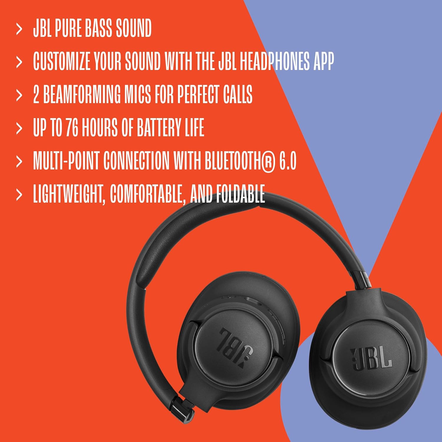 Detalle de JBL Tune 730BT JBLT730BTBLKAM Over-Ear Headphones, Bluetooth 6.0, 76-Hour Battery